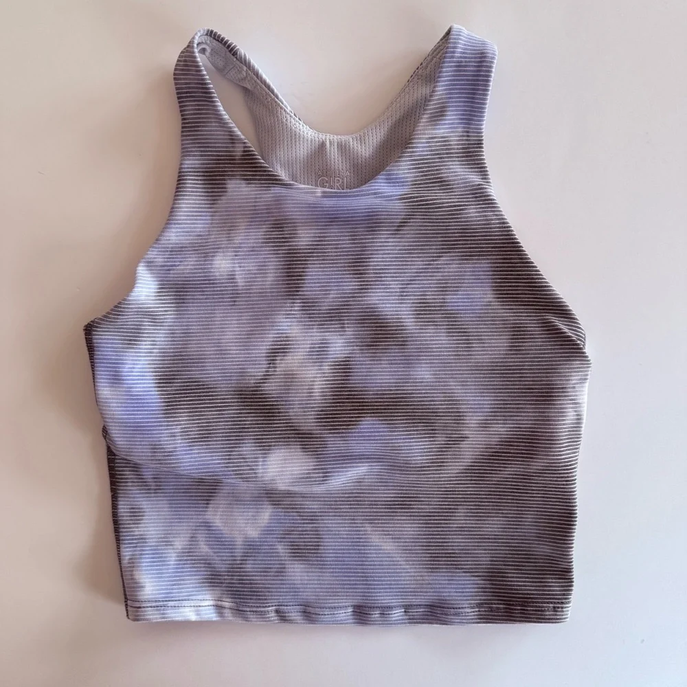 Athleta Girl Long Distance Gray Blue Striped Cropped Sports Bra Tank Size M 8 10
